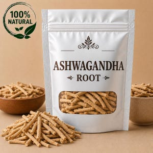 May include: A white stand-up pouch containing light brown ashwagandha root pieces, featuring a clear window and text reading ASHWAGANDHA ROOT. A circular logo in the top left corner displays the text 100% NATURAL with a leaf graphic icon.