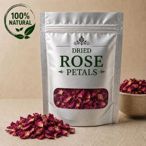 May include: A silver stand-up pouch containing dried rose petals with a clear window showing the deep pink and yellow petals inside. The label features the text "DRIED ROSE PETALS" and a "100% NATURAL" circular logo with leaf icons.