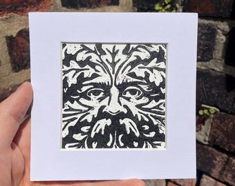 Linosnede print groene man - middeleeuwse folklorekunst geïnspireerd door kerksnijwerk uit Lincolnshire