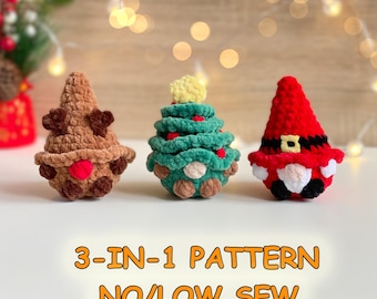 Può includere: Tre figure all'uncinetto: una renna marrone, un albero di Natale verde con decorazioni rosse e una stella gialla, e uno gnomo di Babbo Natale rosso con cintura nera. Il testo recita 3-IN-1 PATTERN NO/LOW SEW.