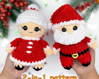 Può includere: Due bambole all'uncinetto, una che rappresenta un personaggio in abito rosso e bianco con cappello abbinato, e l'altra in costume rosso con barba e cappello bianchi. Il testo 2-in-1 pattern è visualizzato in basso.