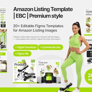 May include: A digital product featuring 20+ editable Figma templates for Amazon listing images. The layout includes text such as Amazon Listing Template EBC Premium style, 20+ Editable Figma Templates for Amazon Listing Images, and Digital Download.