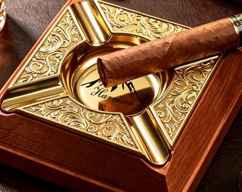 Personalized Wooden Brass Cigar Ashtray, Custom Engraved Luxury Cigar Tray, Gift for Him