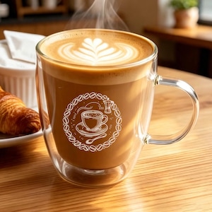 Op de afbeelding: Een dubbelwandige glazen mok gevuld met hete koffie met een wit bladvormig latte art ontwerp aan de bovenkant en een cirkelvormige grafische print aan de zijkant met een koffiekopje, een lepel en een mokkapot.
