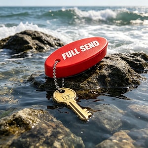 Pode incluir: Um porta-chaves flutuante de formato oval vermelho com o texto branco FULL SEND impresso na superfície superior. Uma corrente de bolas prateada liga o flutuador a uma chave de metal cor de latão com um pequeno ícone de casa gravado.