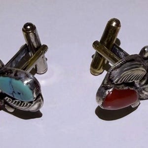 Signed Simplicio Sterling Silver Cufflinks | Zuni Navajo Turquoise Coral Feather Inlay Native American Southwest Vintage Men's Jewelry