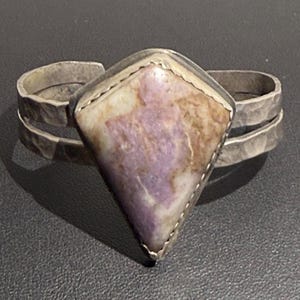 Sterling Silver Cuff Bracelet | Hammered Split Shank, Purple Variegated Stone, Artisan Statement Jewelry