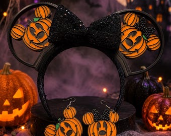 Halloween Pumpkin Mouse Ears Headband & Earrings Set | Spooky Fall Theme Park Accessories