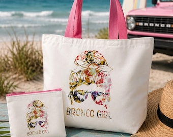 Bronco Girl Canvas Tote Bag with Coin Purse | Floral Messy Bun Adventure Accessory
