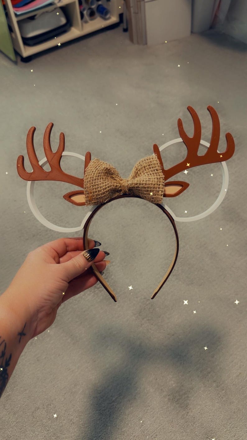 Small Rustic Bows Rustic Reindeer Antler Mouse Ears | Christmas Holiday Headband With ...