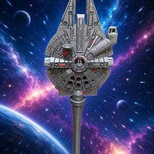 Puede incluir: Un modelo gris, circular y detallado de la nave espacial Millennium Falcon montado sobre un soporte vertical cónico. La nave presenta texturas de superficie mecánicas intrincadas, una cabina en el lado derecho y pequeños detalles en color rojo.
