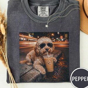 Cavapoo Coffee Shirt, Cavapoo Lover Gift for Dog Mom, Cute Doodle Puppy Tee, Iced Coffee Dog Graphic, Night City Vibes Cavapoo Apparel