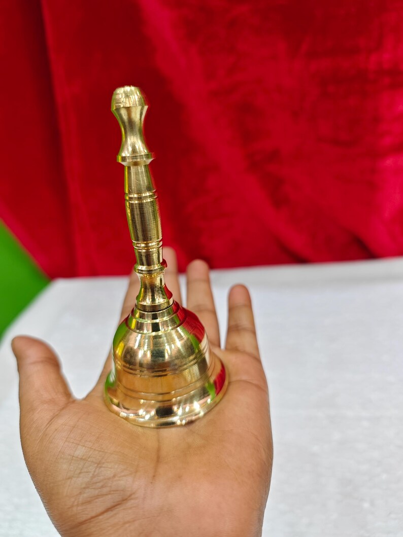 4 Inch Brass Hand Bell with 3 Inch Decorative Brass Plate, Temple Bell, Puja Ghanti, Hindu Prayer Bell, Mandir Bell, Aarti Bell image 14