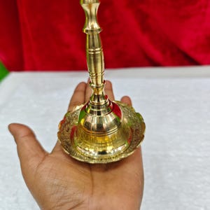 4 Inch Brass Hand Bell with 3 Inch Decorative Brass Plate, Temple Bell, Puja Ghanti, Hindu Prayer Bell, Mandir Bell, Aarti Bell image 17