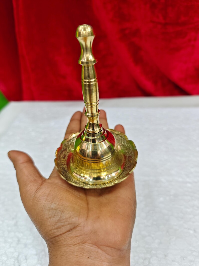 4 Inch Brass Hand Bell with 3 Inch Decorative Brass Plate, Temple Bell, Puja Ghanti, Hindu Prayer Bell, Mandir Bell, Aarti Bell image 17