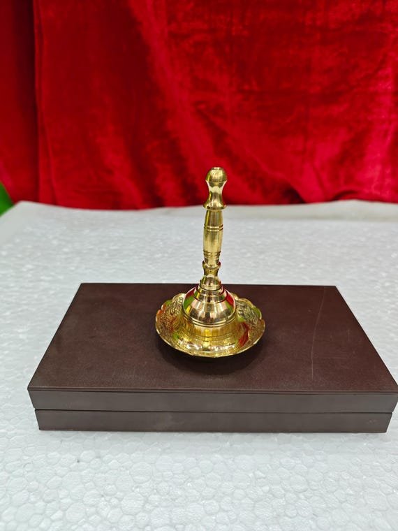 4 Inch Brass Hand Bell with 3 Inch Decorative Brass Plate, Temple Bell, Puja Ghanti, Hindu Prayer Bell, Mandir Bell, Aarti Bell