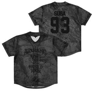 May include: A black and gray short-sleeved baseball jersey featuring a mesh texture and a marble-like pattern. The front displays the text AGUST D WORLD TOUR. The back features the name SUGA and the number 93 in large black block lettering.