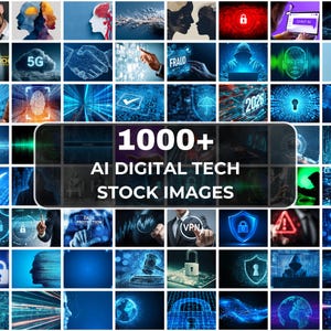 Puede incluir: Un collage digital de más de mil imágenes de archivo con temática tecnológica que presenta gráficos en azul y neón sobre inteligencia artificial, ciberseguridad, protección de datos, candados digitales, siluetas humanas y conectividad.