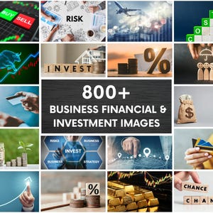 Puede incluir: Un collage de más de 800 imágenes financieras y de inversión que incluye gráficos bursátiles, lingotes de oro, monedas, bloques de madera con textos como INVEST, COST y CHANCE, bolsas de dinero, tarjetas de crédito y conceptos financieros.