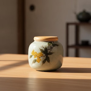 May include: A ceramic canister with a light green crackle glaze finish, featuring a painted branch with yellow flowers and dark green leaves. The container has a rounded body and is topped with a smooth, circular light brown wooden lid.