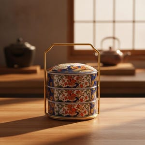 May include: A three-tiered cylindrical food container with a gold-toned metal handle and frame. The ceramic tiers feature a vibrant pattern of red flowers, green foliage, and blue accents, topped with a matching lid decorated with floral motifs.