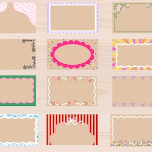 May include: A collection of twenty rectangular labels with various decorative borders, including floral patterns, ribbons, scalloped edges, stripes, and polka dots, all featuring a solid tan center area for writing on a light wood grain background.