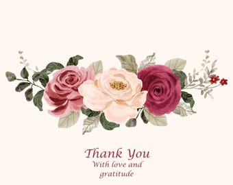 Plantilla de tarjeta de agradecimiento plegable, rosas de acuarela, editable en Canva, estampado floral burdeos, juego de té a juego, tarjeta imprimible, digital