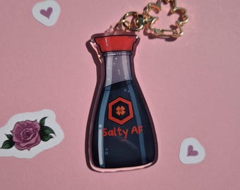 Salty AF Soy Sauce Bottle Keychain | Hand Drawn Japanese Food Bag Charm