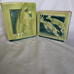 Vintage Royal Copley Deer Planters Set of 2/MCM Chartreuse & Teal Glaze Rectangular Vases/ Mid Century Art Pottery