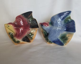 Vintage Royal Copley Red & Blue Bunting Bird Wall Pockets/ Set of 2 Mid-Century Ceramic Planters