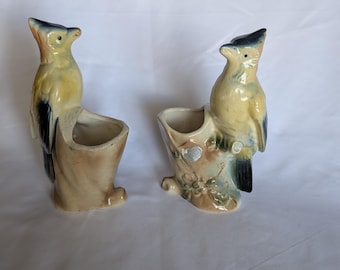 Vintage Royal Copley Crested Bird with Berry on Stump Planter Set of 2