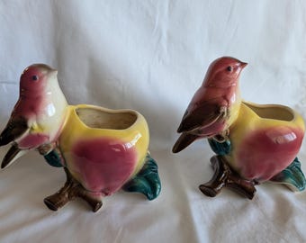 Vintage Royal Copley Bird Planter, Mid Century Ceramic Finch Figurine on Branch, Single or Matching Pair Set of 2, 1940s Retro Home Decor
