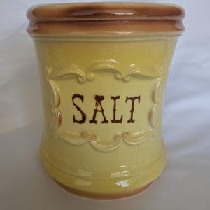 May include: A cylindrical ceramic salt crock featuring a pale yellow glaze with a brown rim and base. The front displays the word SALT in dark brown lettering, embossed within a decorative, raised rectangular frame with scrollwork details.