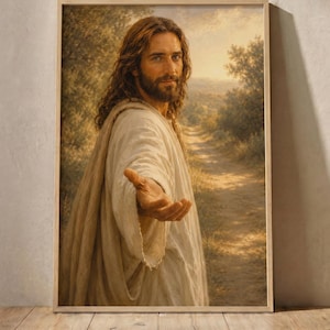 Könnte beinhalten: Ein gerahmter Wandkunstdruck, der eine Person mit langem braunem Haar und Bart in einem hellen Gewand zeigt. Die Figur streckt eine Hand aus und steht auf einem Feldweg in einer Landschaft mit Bäumen unter einem warmen, goldenen Himmel.
