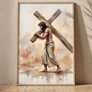 Jesus Carrying The Cross Watercolor Wall Art,Christian Digital Download,Station of the Cross Painting, Modern Faith Prints, Easter Decor,18B