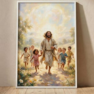 Jesus Running with Children Wall Art, Joyful Christian Painting Printable, Vibrant Sunday School Decor Digital Download 119A