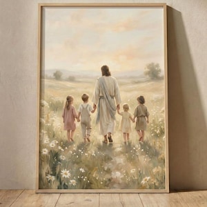 Jesus Walking with Children Digital Wall Art, Christian Nursery Decor Printable, Warm Oil Painting Style 117A