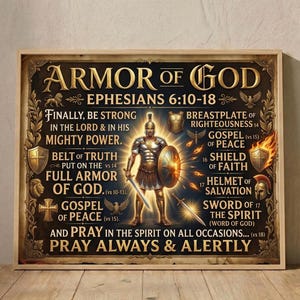 Könnte beinhalten: Ein rechteckiger Wandkunstdruck mit dem Titel Armor of God, der einen römischen Soldaten in metallischer Rüstung mit Schwert und Schild zeigt. Der dunkle Hintergrund enthält goldenen Text aus Epheser 6,10-18, umgeben von verzierten Rändern und religiösen Symbolen wie Kreuzen, einem Brustpanzer und einem Helm.