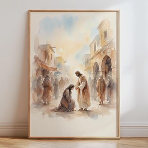 Jesus Healing Woman Poster, Christian Watercolor Wall Art, Biblical Faith Print