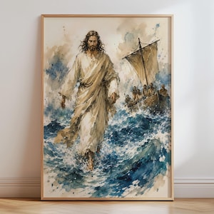 Könnte beinhalten: Ein Aquarell-Druck in einem Holzrahmen, der eine Figur mit langem Haar und Gewand zeigt, die auf unruhigen blau-weißen Meereswellen geht. Im Hintergrund befördert ein hölzernes Segelboot mit Segel mehrere Personen über das raue Wasser.