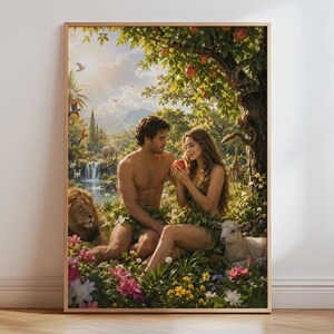 Könnte beinhalten: Ein gerahmter Kunstdruck, der einen Mann und eine Frau in einem üppigen Garten mit Wasserfall, Löwe, Lamm und einer Schlange im Baum zeigt. Die Frau hält einen roten Apfel, umgeben von bunten Blumen, grünem Blattwerk und verschiedenen Vögeln.