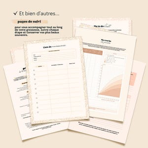 May include: A collection of printed paper sheets for pregnancy tracking, featuring a birth registry list, a weight tracking graph, and a to-do list. The pages have a cream background with a delicate leaf border pattern and black text in French.