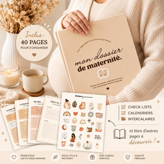Dossier de suivi grossesse | 49 pages | à imprimer | valise maternité, projet naissance, check-lists, intercalaires, administratif, français