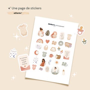 May include: A sheet of pregnancy-themed stickers featuring illustrations of a pregnant person, baby clothes, pacifiers, a crib, a rainbow, hearts, and text in French. The stickers are in a soft colour palette of beige, pink, and muted green tones.