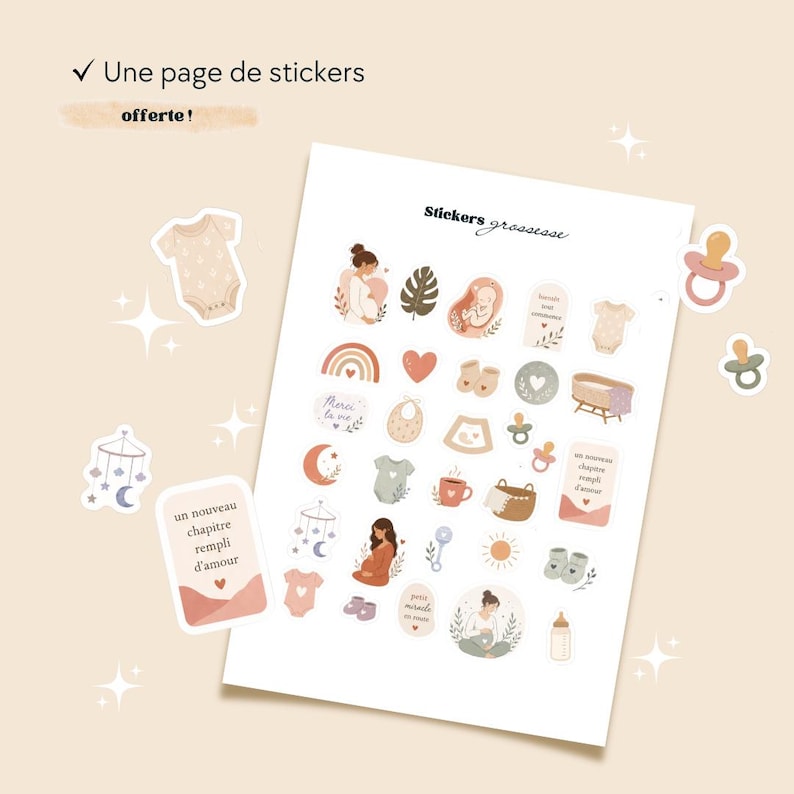 May include: A sheet of pregnancy-themed stickers featuring illustrations of a pregnant person, baby clothes, pacifiers, a crib, a rainbow, hearts, and text in French. The stickers are in a soft colour palette of beige, pink, and muted green tones.