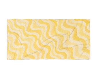 Yellow Retro Wave Beach Towel | Abstract Wavy Stripes Summer