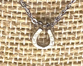 May include: A silver horseshoe pendant necklace. The pendant is a small, detailed horseshoe charm. The chain is delicate and silver. The necklace is displayed on a textured, neutral-toned surface.
