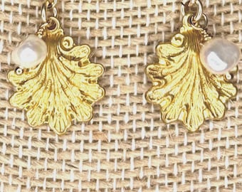Golden Ornate Tiny Seashell and White Freshwater Pearl Dangle Earrings for Women