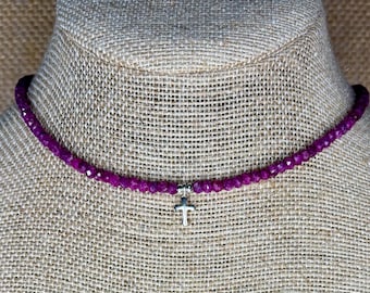 Red Genuine Ruby Choker with Tiny Sterling Silver Cross Charm Handmade Gemstone Necklace