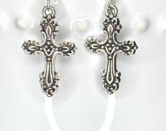 Ornate Silver Cross Dangle Earrings for Women